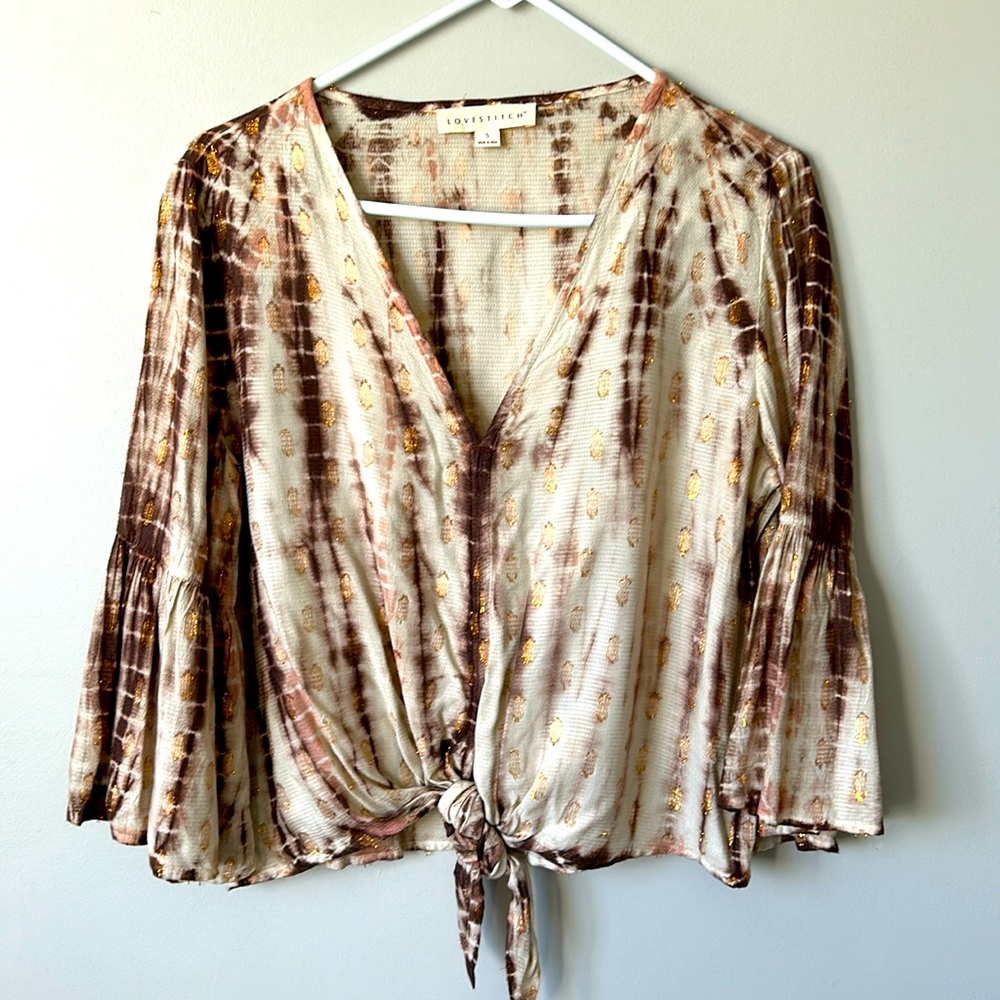 Lovestitch Brown/Gold Tie Blouse with Bell Sleeves